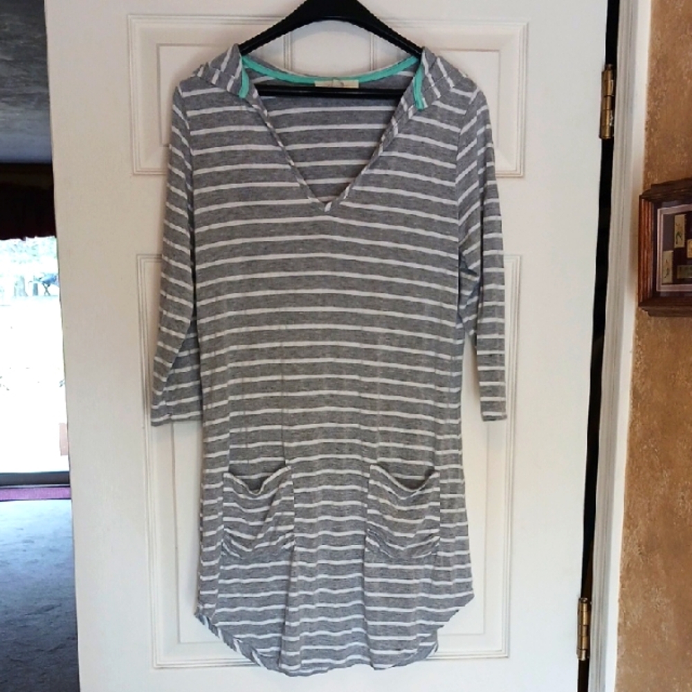 Gray Striped Dress with Hood